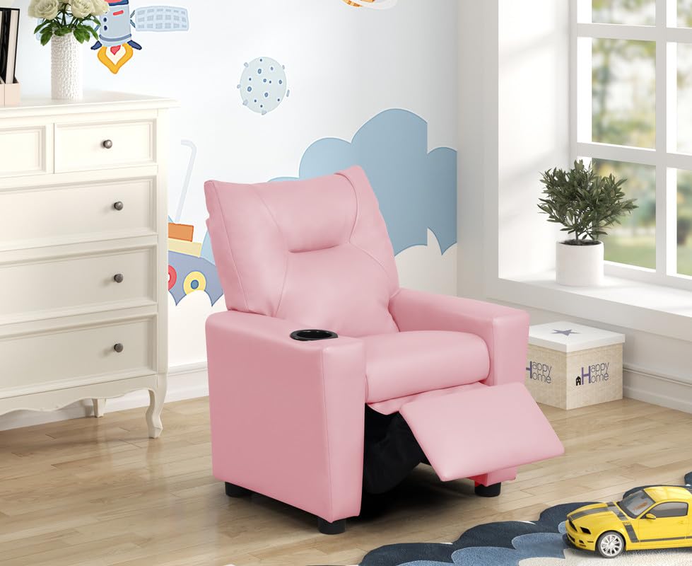 Lilola Home Perline 23" W Pink PVC Fabric Kids Recliner Chair with Cupholder